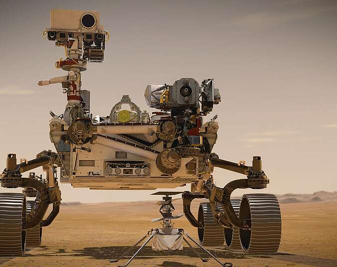 Am 18. Februar 2021 werden der Mars 2020 Rover Perseverance der NASA und der mitgeführte Marshelikopter Ingenuity im Krater Jezero landen. Perseverance ist der komplexeste Rover, den die NASA jemals zum Mars geschickt hat. Ingenuity, ein Technologieexperiment, wird das erste Luftfahrzeug sein, das einen kontrollierten Flug auf einem anderen Planeten versuchen wird. Die 50 cm hohe Helikopterdrohne ist an der Unterseite von Perseverance angebracht und wird von dort auf dem Boden abgesetzt, ehe Perseverance auf einige Meter Distanz wegrollen und die Flugdemonstration mit den Roverkameras verfolgen wird.