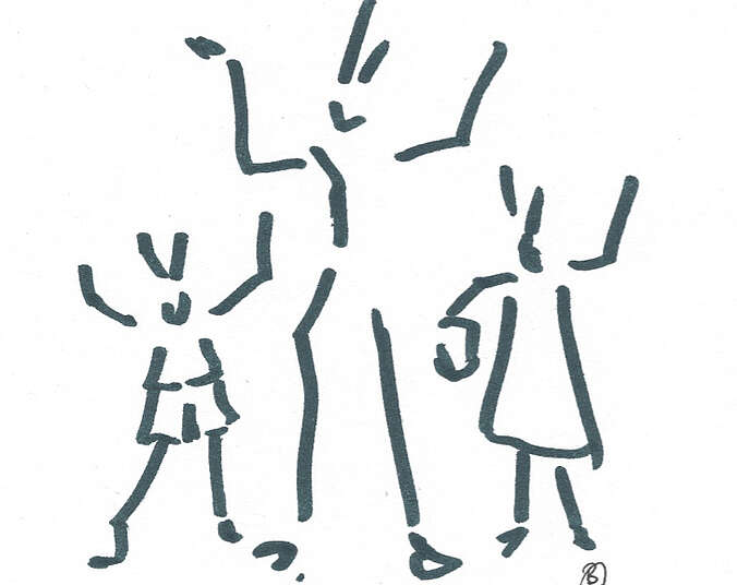Strichzeichnung, die stilisiert den Seehas mit zwei Kindern zeigt