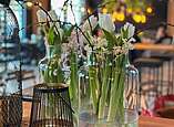 Frühlingsblumen, die in einer großen Vase mit Windlichter auf einem Tisch stehen.